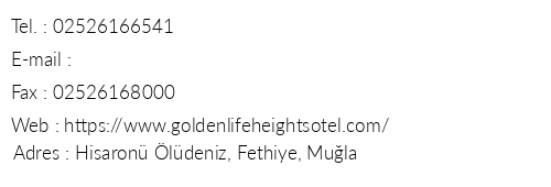 Golden Life Heights Deluxe Suite Hotel telefon numaralar, faks, e-mail, posta adresi ve iletiim bilgileri